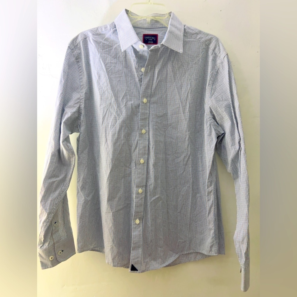 Untuckit Mens L Button Front Shirt Blue Textured Long Sleeve Point Collar